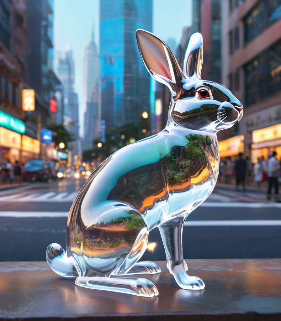 realistic glasssculpture of a rabbit, translucent, transparent, detailed cityscape background, street, reflections. cgsoci...